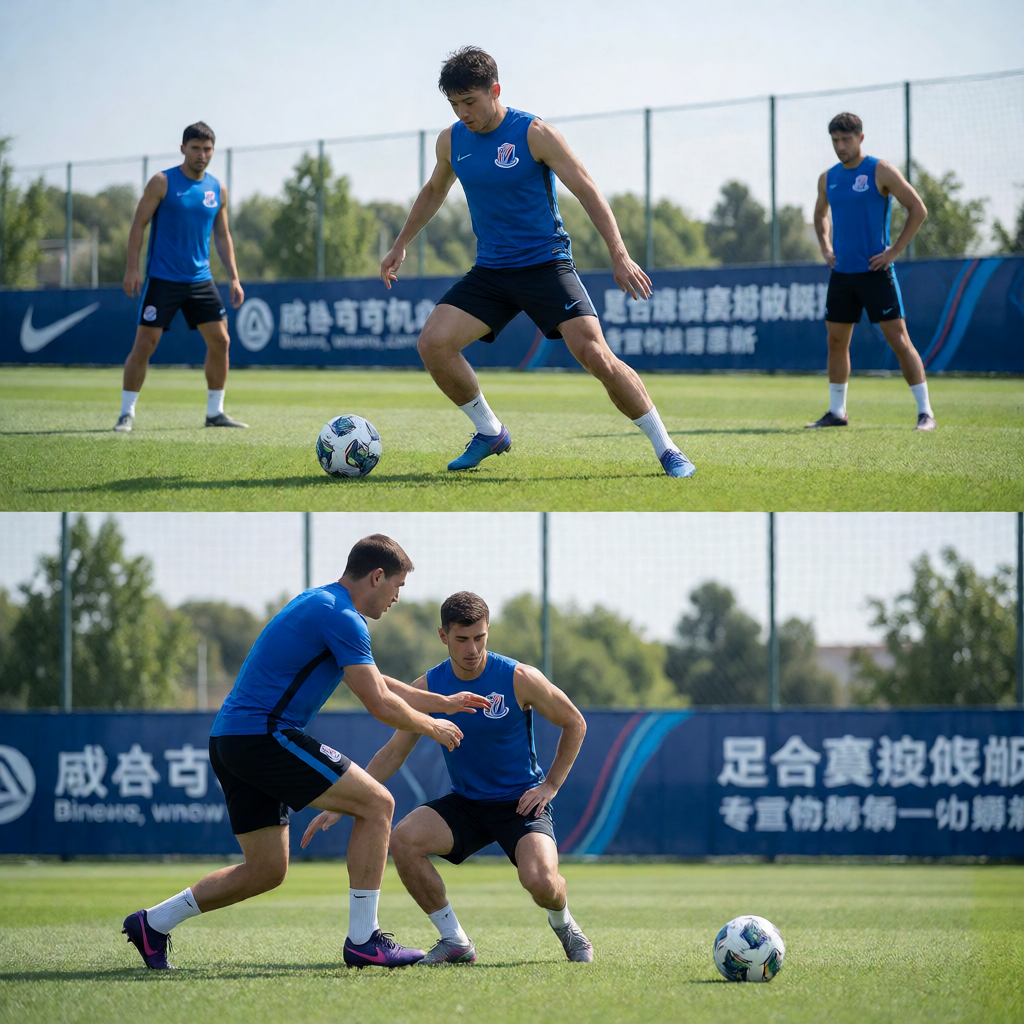 足球运动员在训练基地进行战术演练和体能训练的专业场景